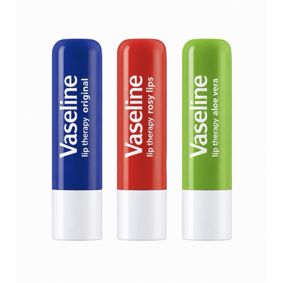 Vaseline 3X Lip Therapy Stick 4.8G Lip Balm Set Original, Rosy & Aloe Vera - Set