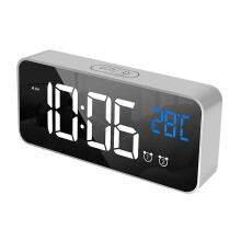 LED Alarm Electric Clock Multifunctional Exquisite Mirror Surface Silent Bedside Clock compatible Home Bedroom Office Decor Silver