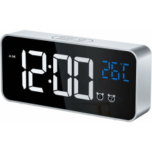 Digital Alarm Clock, LED Digital Alarm Clock with Erat/Snooze/2 Alarms/12/24 Hours/USB Charging Port/16 Music (Silver)