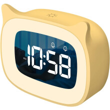 Kids Alarm Clock with Night Light Stepless Dimming, Cute Cat Ears Digital Clock compatible Boys and Girls, 5 Minute Alarm, Ok to Wake Kids (Yellow)