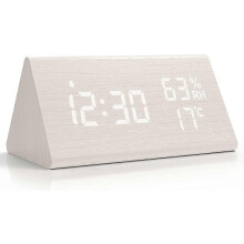 Wooden digital alarm clock, digital clock with snooze/date/erasure and humidity - White