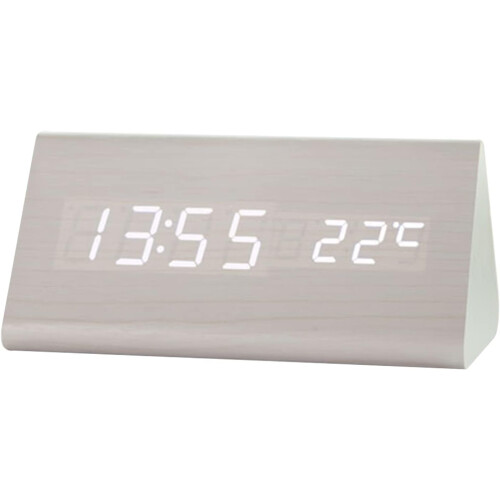 Triangular LED digital alarm clock with voice control, snooze function, date, erature and humidity (white)