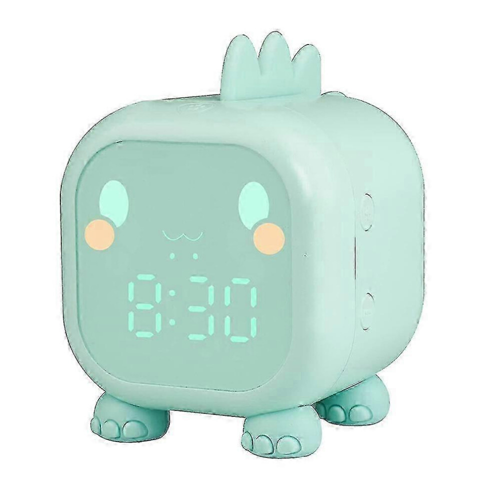 Children's Alarm Clock With Night 6 Ringtones, Touch Control, Rechargeable, Dinosaur Design, Light/Green