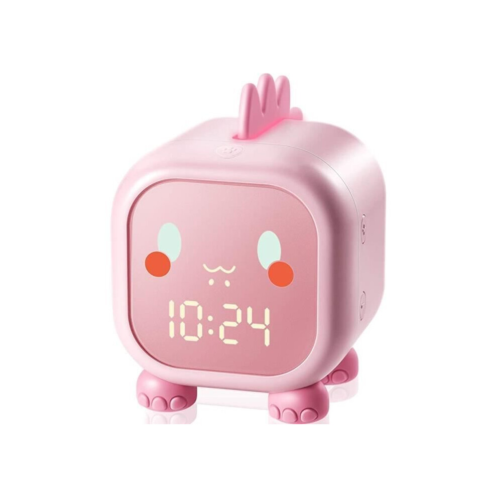 Children's Alarm Clock Night Light, Clock compatible Girls, Day/Night Lamp, Music Reminder, Time Display (Pink)