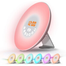 Radiosveglia con lampada da comodino, luce LED per il risveglio, controllo touch, alba, tramonto, snooze, 6 suoni naturali, 7 colori