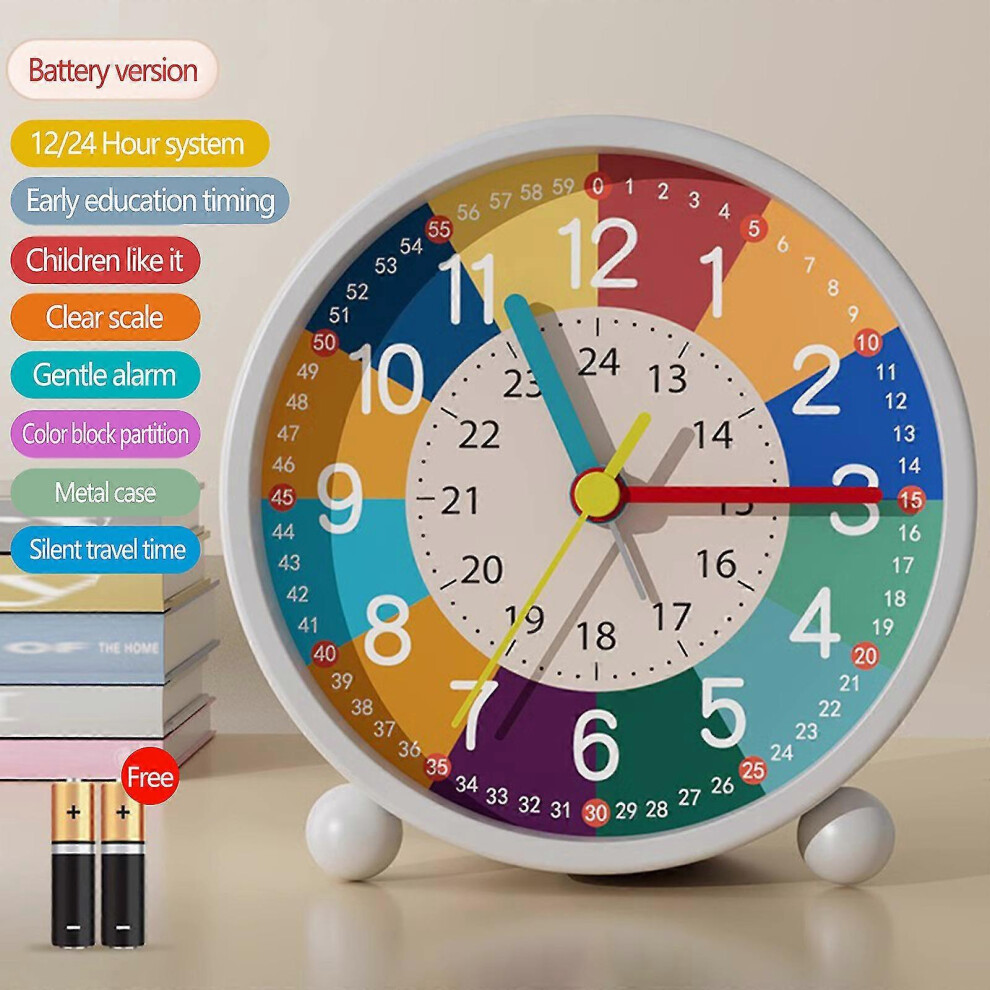 Alarm Clocks compatible Bedroom Children Alarm Clock, Analog Alarm Clock, No Tick, Learning Alarm Clock, Kids Quartz Alarm Clock_B