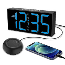 Vibrating alarm clock compatible heavy sleepers, loud alarm, large numbers, 5 brightness levels (black and blue)