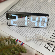 LED Mirror Digital Alarm Clock Smart Silent Desktop Alarm Clock Students Electronic Clock with Charging Cable Black Shell Shipped Without Battery_0.2