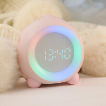 Children's alarm clock with illuminated digital LED night light, adjustable volume, snooze, USB charging, pink