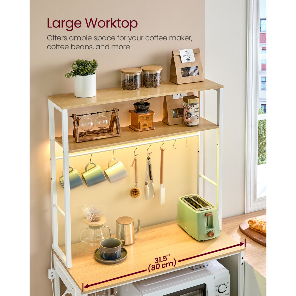 Vasagle (,White) Coffee Bar With Led Lights, Kitchen Bakers Rack With Power Outlet, 40 X 80 X 168.4 Cm,Rusticbrown Yellow/White