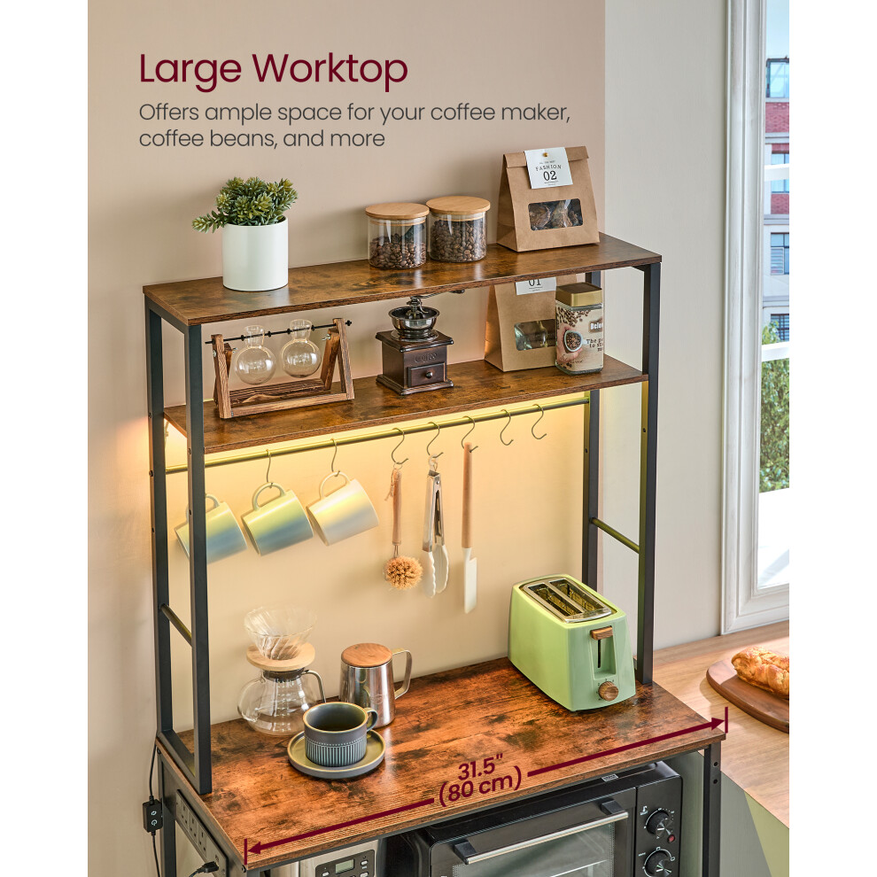 Vasagle (Rustic ,Black) Coffee Bar With Led Lights, Kitchen Bakers Rack With Power Outlet, 40 X 80 X 168.4 Cm,Rustic Brown/Black