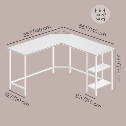 VASAGLE (Maple White) L-Shaped Writing Desk, 2 Storage Shelves, Computer Table for Home Office, Space-Saving 2