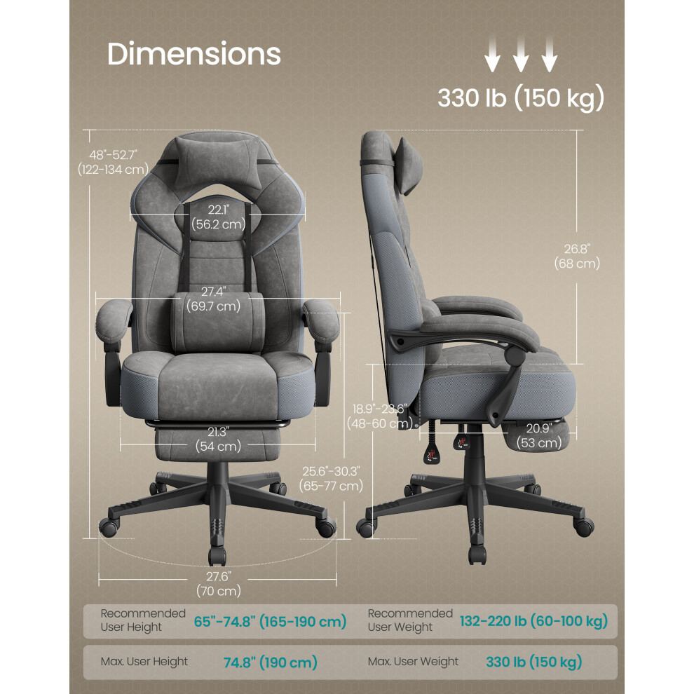 Songmics (Slate ) Gaming Chair, Office Racing Chair With Footrest, Desk Chair, Ergonomic Design, Adjustable Headrest, Lumbar Support Grey