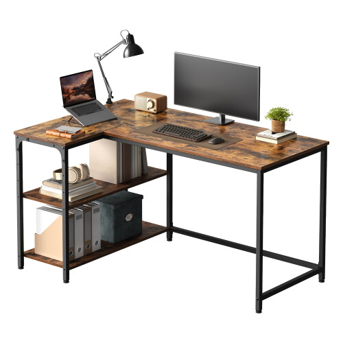 VASAGLE (Rustic Brown) Corner Computer Desk with Adjustable Storage Shelves, L Shaped Gaming Table for Office 1