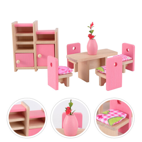 Mini House Wooden Dining Set Table Chair Display Vase 2