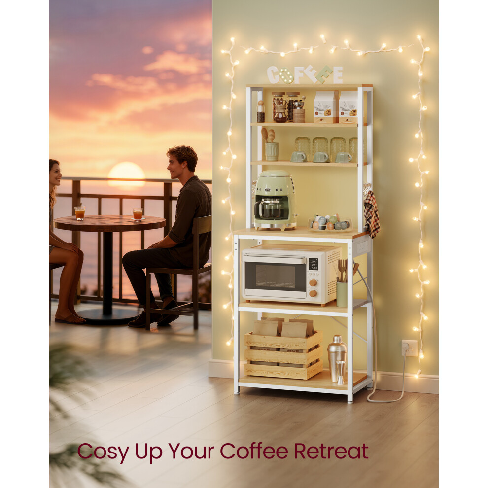 Vasagle ( Oak, Cloud White) Baker's Rack With Power Outlet, Coffee Bar For Kitchen With Storage, 6-Tier Kitchen Shelves With 6 Hooks Golden/White