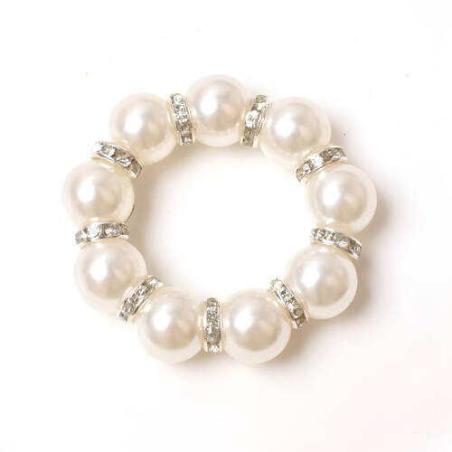 Conjunto de 12 anéis de guardanapo com pérolas e strass prateados. 2