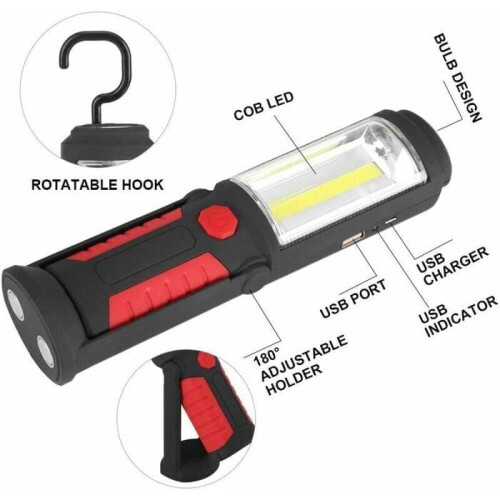 Επαναφορτιζόμενο φως εργασίας LED - 2200mAh COB LED - 650 lumens - Κόκκινο - Με μαγ 1