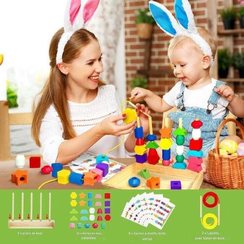 Παιδικό παιχνίδι για 3 ετών - Ξύλινο παιχνίδι με χάντρες 3 σε 1 - Στοιβ 1