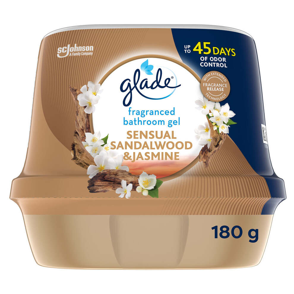 Glade Fragranced Bathroom Gel, Bathroom Air Freshener & Discreet Odour Eliminator, Sensual Sandalwood And Jasmine, 180G (Packaging May Vary)