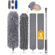 Feather duster 5PCS kit with 30-100 inch telescopic extension pole, detachable bendable and reusable gap hand crevice brush for cleaning dust cobwebs