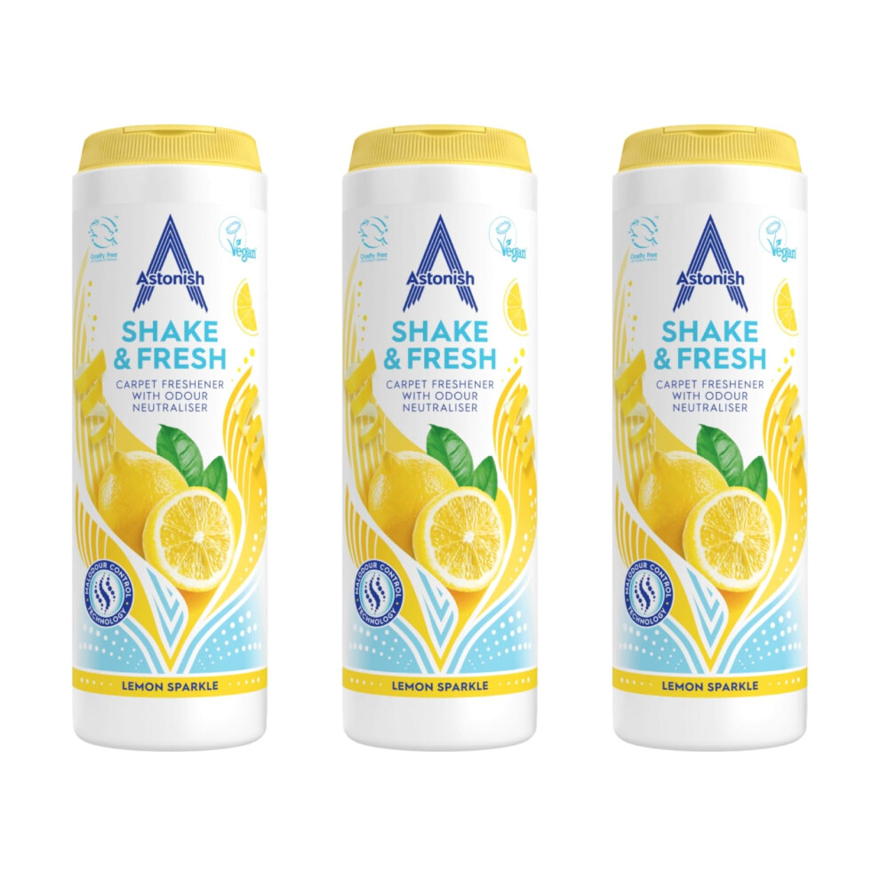 Astonish Shake & Fresh Carpet Freshener, Eliminates Odours, Lemon Sparkle, 3 X 350G