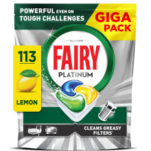Fairy Platinum Dishwasher Tablets, Lemon, 113 Capsules, Powerful Even on Tough Cleaning Challenges, Clean Dishes, Shiny Machine, Cleans Greasy Filter