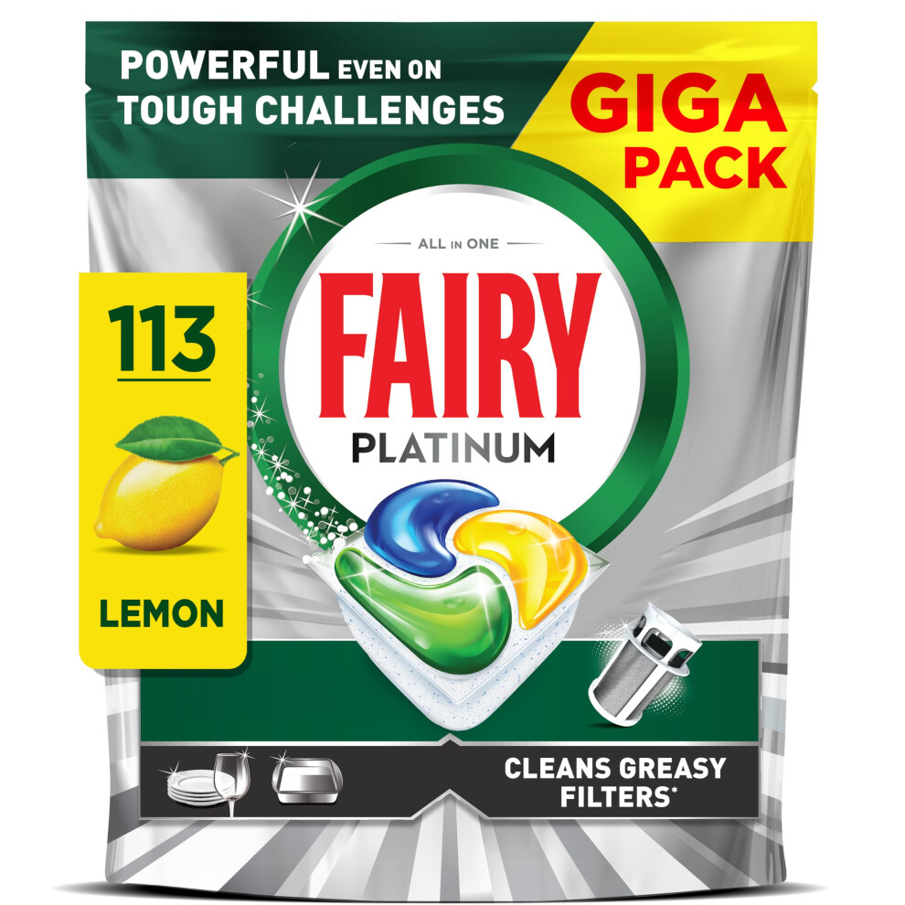 Fairy Platinum Dishwasher Tablets, Lemon, 113 Capsules, Powerful Even On Tough Cleaning Challenges, Clean Dishes, Shiny Machine, Cleans Greasy Filter