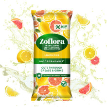 Zoflora Lemon Zing Antibacterial Biodegradable Wipes, 1 x 96 Wipes, Multi-Surface Cleaning Wipes, Kills 99.9% of Bacteria & Viruses