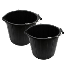 BH  2 Pcs Black Builders Bucket  14 Liters  Metal Handle  Plastic  Heavy Du