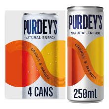Purdey's Natural Energy Orange & Mango 250ml Can (Pack of 4)