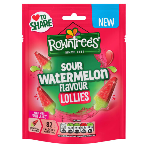 Rowntrees Lollies Sour Watermelon Flavour Sweets Sharing Bag 130g