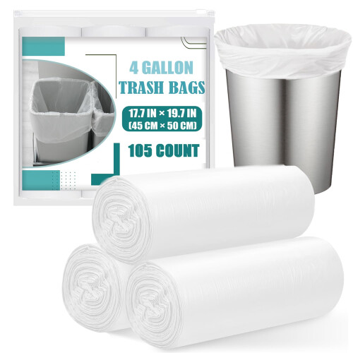 105 Counts Small Bin Bags 10 Litre, Small Bin Liners for Bathroom,