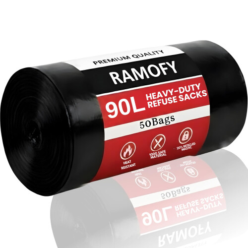 RAMOFY 90L Heavy Duty Black Plastic Bin Bags – Refuse Sacks Liners –