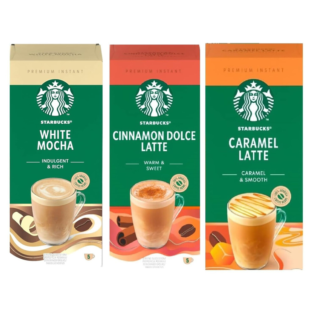 Starbucks Variety Pack Premium Instant Coffee Sachets Flavours Inc. Mocha, Caramel Latte, And Cinnamon Dolce. (Pack Of 3, Each Pack 5 Sachets, White