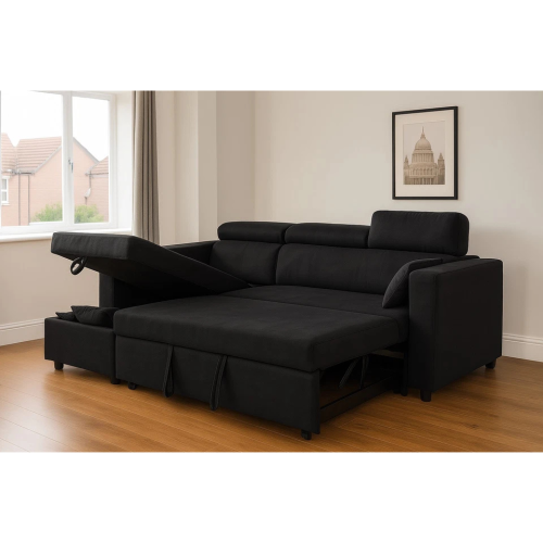 (Black Linen) 4 Seater Reversible Sofa Bed Storage Sofa Bed Pull-Out Sleeper Corner L-Shaped UK