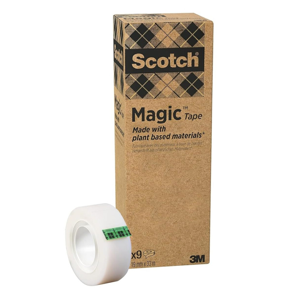 Scotch Magic Invisible Tape A Greener Choice, 19Mm X 33M, 9 Rolls - Plant-Based Solvent Free Adhesive, 100% Recycled Cardboard Packaging & Plastic Cor
