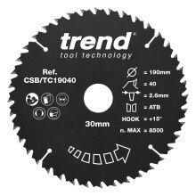Trend Wood Circular Saw Blade, 190mm Diameter, 30mm Bore, 40 Teeth, TCT, 2.6mm Kerf, +15 Hook, CSB/TC19040