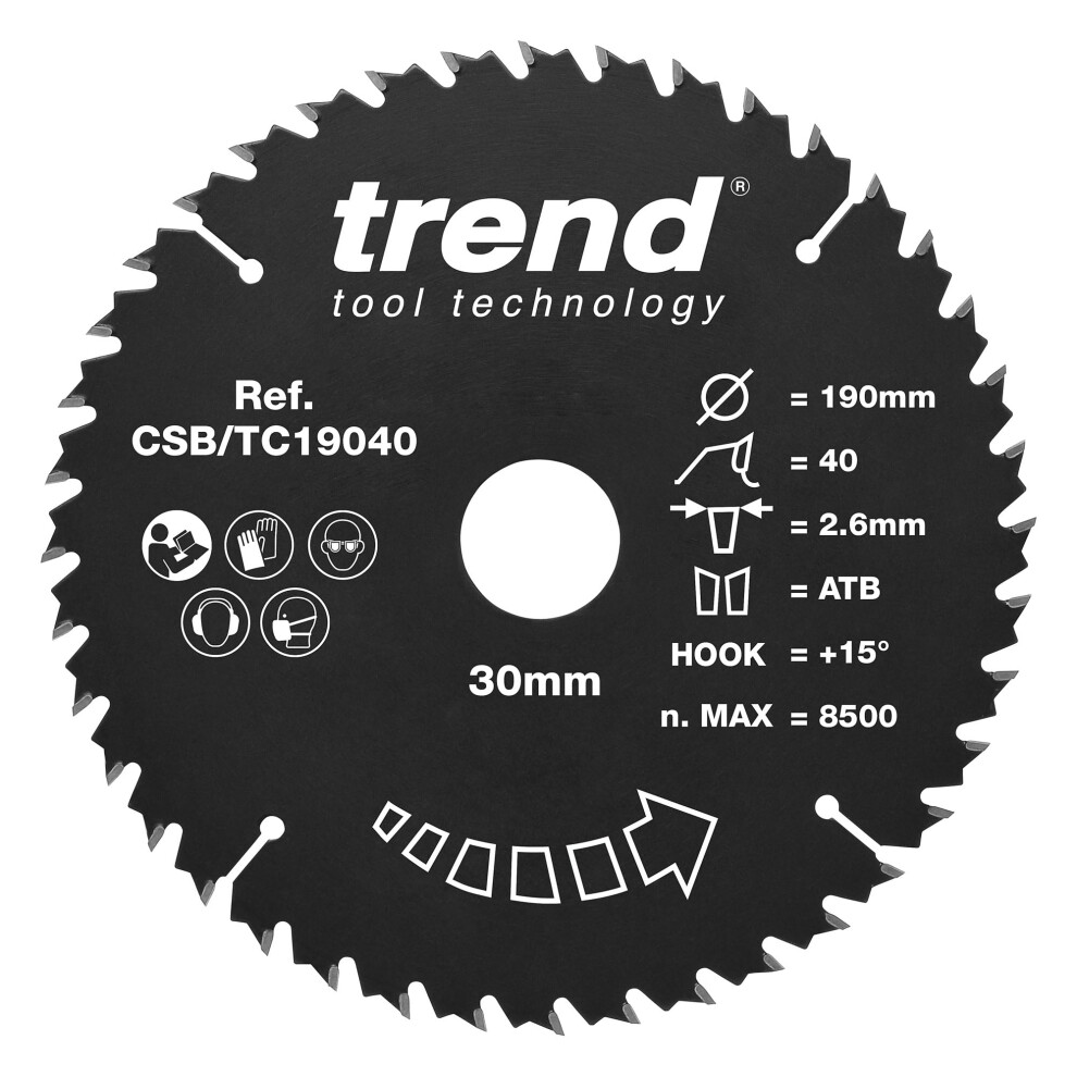 Trend Wood Circular Saw Blade, 190Mm Diameter, 30Mm Bore, 40 Teeth, Tct, 2.6Mm Kerf, +15 Hook, Csb/Tc19040