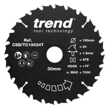 Trend Wood Cordless Circular Saw Blade, 190mm Diameter, 30mm Bore, 24 Teeth, TCT, 1.8mm Kerf, +15 Hook, CSB/TC19024T