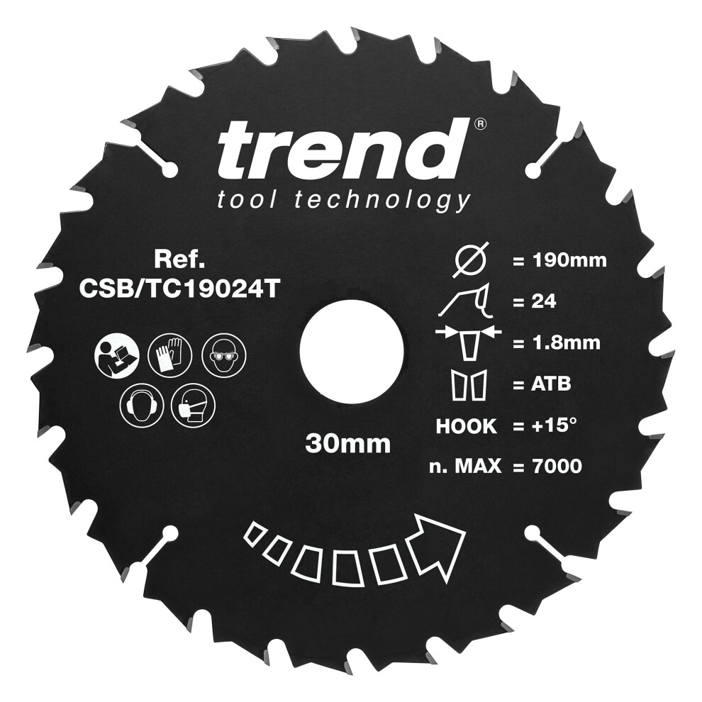 Trend Wood Cordless Circular Saw Blade, 190Mm Diameter, 30Mm Bore, 24 Teeth, Tct, 1.8Mm Kerf, +15 Hook, Csb/Tc19024t