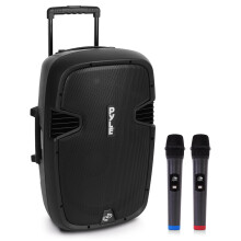Pyle Portable PA System, Powerful Bluetooth Speaker with 2 Wireless Mics, 1600W, Trolley Handle & Wheels, Long Battery Life, Enhanced Audio for Karao