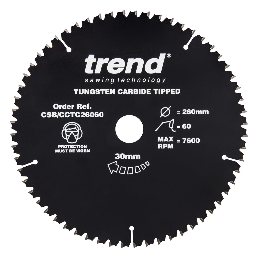 Trend Wood Mitre Saw Blade, 260Mm Diameter, 30Mm Bore, 60 Teeth, Tct, 2.6Mm Kerf, -5 Hook, Csb/Cctc26060