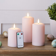 Lights4fun Set of 3 Pink TruGlow Battery LED Flameless Pillar Candles with Timer Real Wax with Remote Control