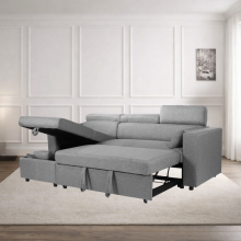 (Grey Linen) 4 Seater Reversible Sofa Bed Storage Sofa Bed Pull-Out Sleeper Corner L-Shaped UK