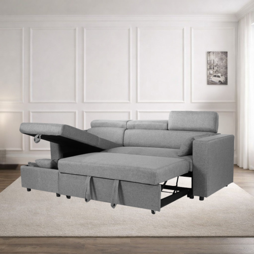 (Grey Linen) 4 Seater Reversible Sofa Bed Storage Sofa Bed Pull-Out Sleeper Corner L-Shaped UK