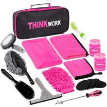 THINKWORK 17Pcs Car Cleaning Kit with Storage Box, Pink Car Washing Gift for Women - Cleaning Gel, Microfibre Cloth, Wheel Brush, Mitt, Duster, Squeeg