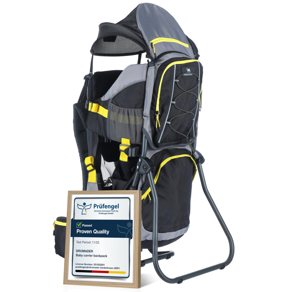 Baby Carrier Backpack - Toddler Hiking Backpack With Sun Canopy, Rain Cover, Insulated Pouch, Changing Mat & One-Hand Foldable Frame - Black Dromader