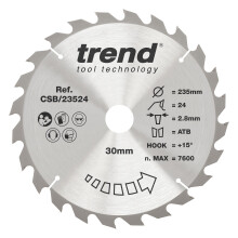 Trend Wood Circular Saw Blade, 235mm Diameter, 30mm Bore, 24 Teeth, 2.8mm Kerf, +15 Hook, TCT, Coarse Finish, CSB/23524