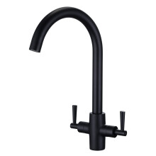 Matt Black Kitchen Taps Dual Lever Monobloc Kitchen Sink Tap Mixer Stainless Steel 360 Swivel Spout Twin Lever Black Sink Taps for Kitchens 1 Hole Pe